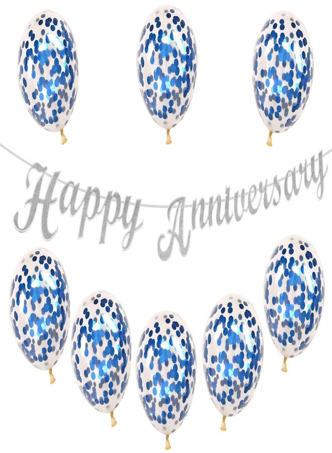 Flyloons Silver Happy Anniversary Banner with Confetti Balloons Decoration Kit for Men Women 8 Pc Blue Colour Confetti Meatallic Balloons Reusable Happy Wedding Anniversary Banner - Image 1